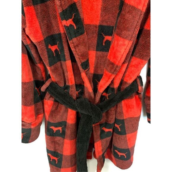 Victoria’s Secret PINK Women’s Plaid Check Dog Print Robe Red Size M/L - Picture 3 of 8